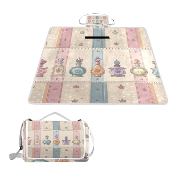 Square Picnic Mat Waterproof Non-Slip Outdoor Mat Portable Carry Handle For Camping Beach Exercise Cream Background with White Polka Dots