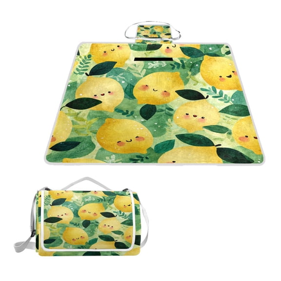 Square Picnic Mat Waterproof Non-Slip Outdoor Mat Portable Carry Handle For Camping Beach Exercise Cute Lemon