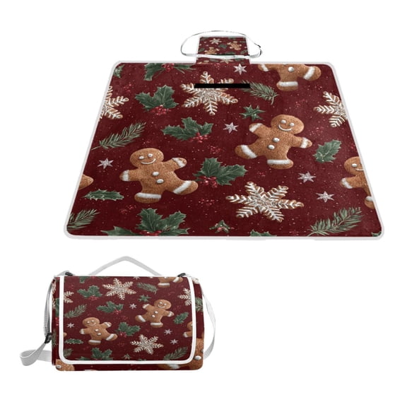Square Picnic Mat Waterproof Non-Slip Outdoor Mat Portable Carry Handle For Camping Beach Exercise Gingerbread Man Holly Leaf