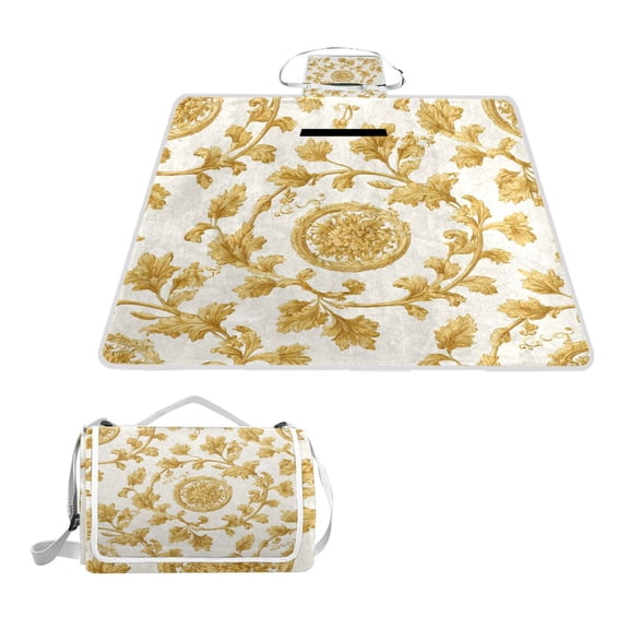 Square Picnic Mat Waterproof Non-Slip Outdoor Mat Portable Carry Handle For Camping Beach Exercise Gold Leaf Motifs