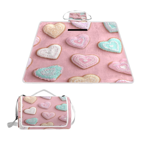 Square Picnic Mat Waterproof Non-Slip Outdoor Mat Portable Carry Handle For Camping Beach Exercise Heart-shaped Cookies