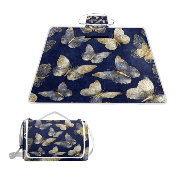 Square Picnic Mat Waterproof Non-Slip Outdoor Mat Portable Carry Handle For Camping Beach Exercise Ivory Gold Butterflies