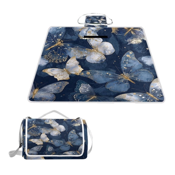 Square Picnic Mat Waterproof Non-Slip Outdoor Mat Portable Carry Handle For Camping Beach Exercise Ivory and Gold