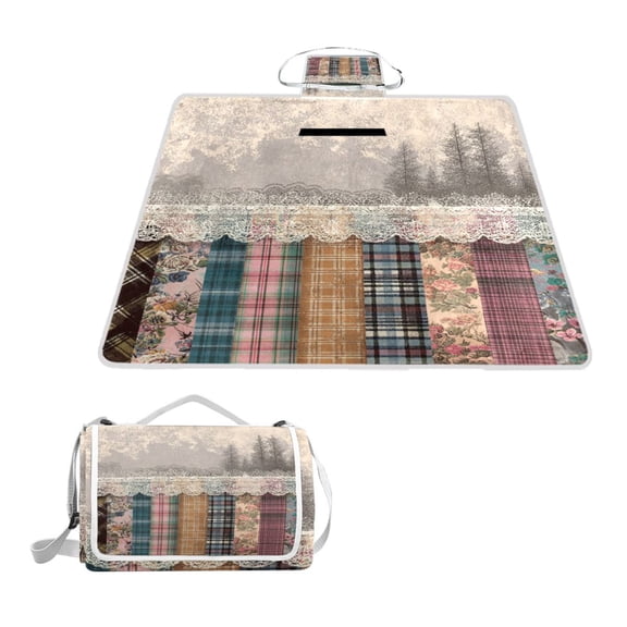 Square Picnic Mat Waterproof Non-Slip Outdoor Mat Portable Carry Handle For Camping Beach Exercise Lace Trim