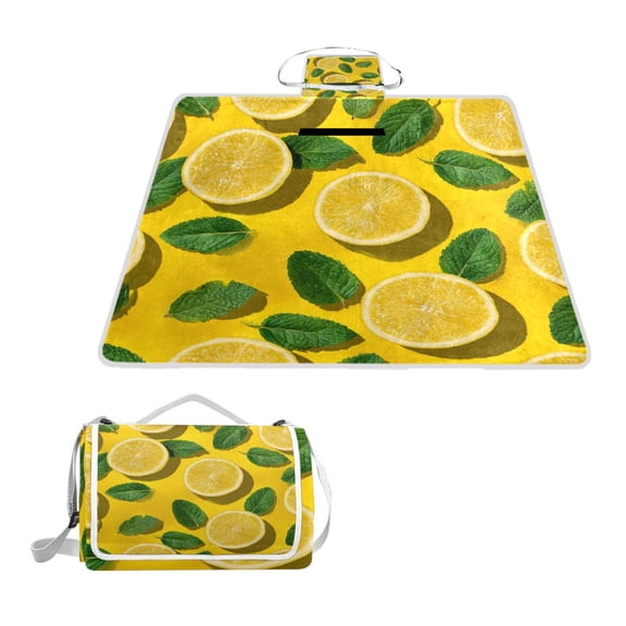 Square Picnic Mat Waterproof Non-Slip Outdoor Mat Portable Carry Handle For Camping Beach Exercise Lemon Slices and Mint Leaves