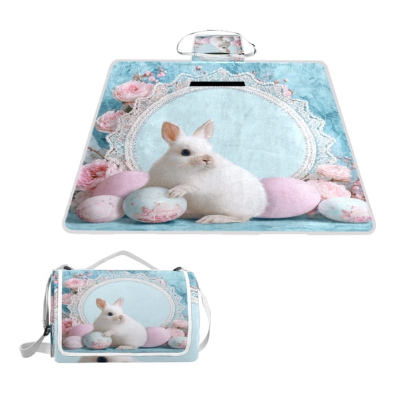 Square Picnic Mat Waterproof Non-Slip Outdoor Mat Portable Carry Handle For Camping Beach Exercise Light Blue Lace Doily Background