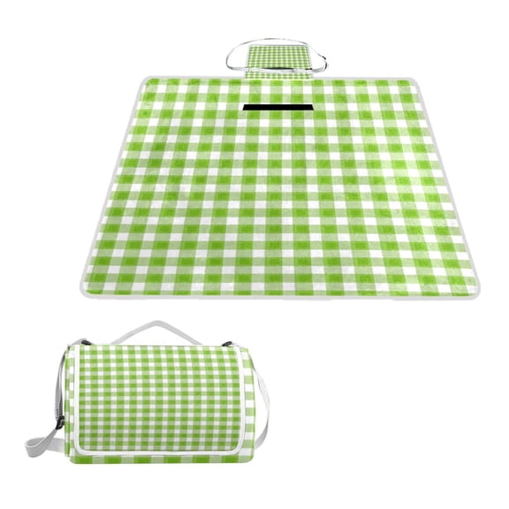 Square Picnic Mat Waterproof Non-Slip Outdoor Mat Portable Carry Handle For Camping Beach Exercise Light Green Gingham