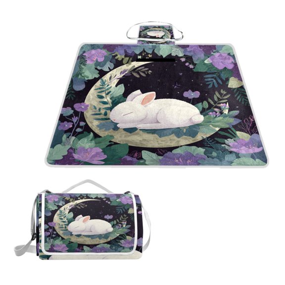 Square Picnic Mat Waterproof Non-Slip Outdoor Mat Portable Carry Handle For Camping Beach Exercise Little White Rabbit Sleeping on The Moon