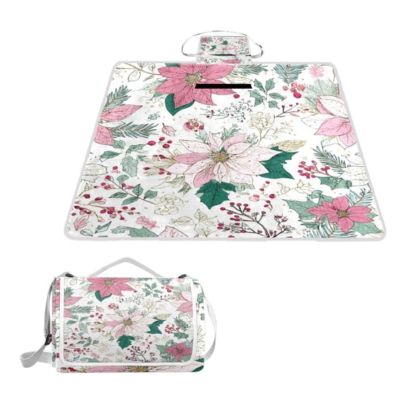 Square Picnic Mat Waterproof Non-Slip Outdoor Mat Portable Carry Handle For Camping Beach Exercise Poinsettia Glitter