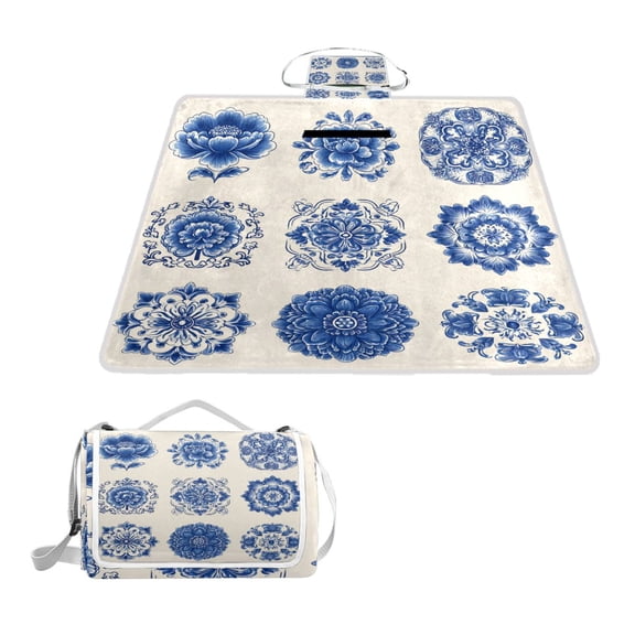 Square Picnic Mat Waterproof Non-Slip Outdoor Mat Portable Carry Handle For Camping Beach Exercise Porcelain-style Peony Flower