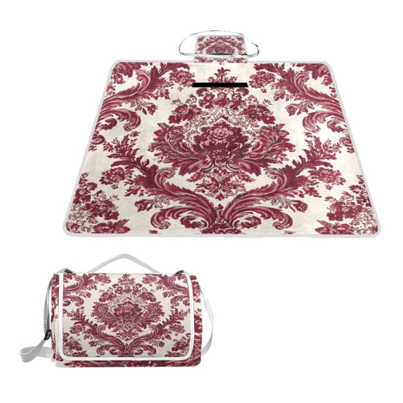 Square Picnic Mat Waterproof Non-Slip Outdoor Mat Portable Carry Handle For Camping Beach Exercise Red Damask Pattern