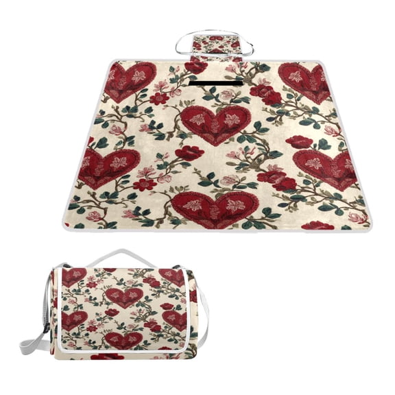 Square Picnic Mat Waterproof Non-Slip Outdoor Mat Portable Carry Handle For Camping Beach Exercise Red Embroidery