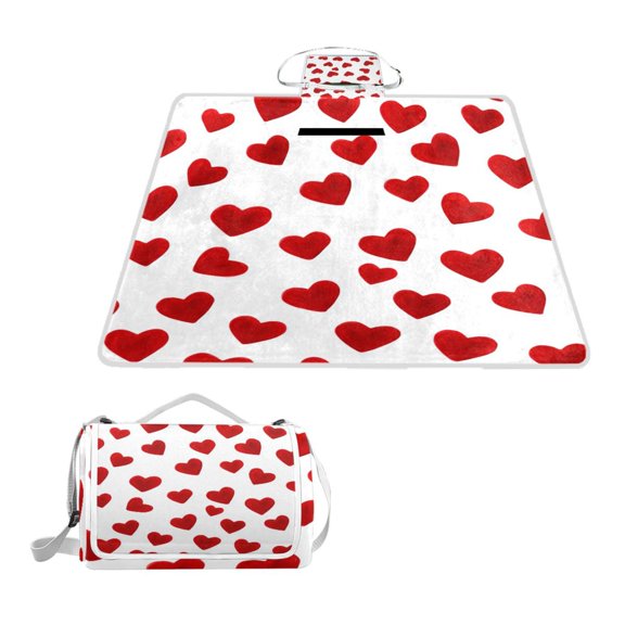Square Picnic Mat Waterproof Non-Slip Outdoor Mat Portable Carry Handle For Camping Beach Exercise Red Heart-shaped Pattern