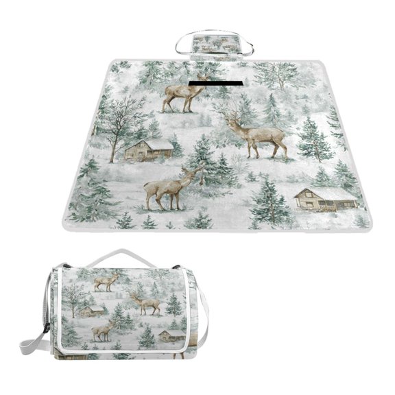 Square Picnic Mat Waterproof Non-Slip Outdoor Mat Portable Carry Handle For Camping Beach Exercise Reindeer Is Strolling