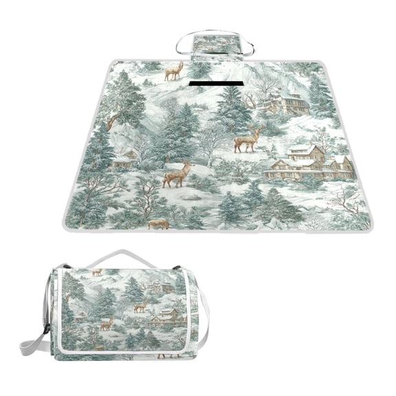 Square Picnic Mat Waterproof Non-Slip Outdoor Mat Portable Carry Handle For Camping Beach Exercise Reindeer in The Snowmountain