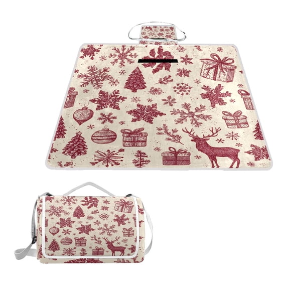 Square Picnic Mat Waterproof Non-Slip Outdoor Mat Portable Carry Handle For Camping Beach Exercise Retro Christmas Patterns