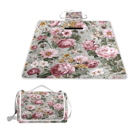 Square Picnic Mat Waterproof Non-Slip Outdoor Mat Portable Carry Handle For Camping Beach Exercise Roses Blooming