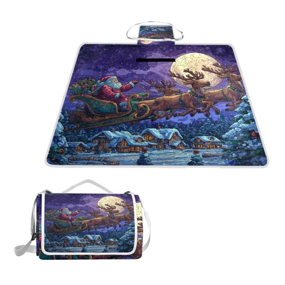 Square Picnic Mat Waterproof Non-Slip Outdoor Mat Portable Carry Handle For Camping Beach Exercise Santa Claus Riding Sleighy