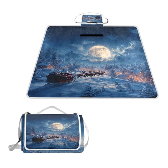 Square Picnic Mat Waterproof Non-Slip Outdoor Mat Portable Carry Handle For Camping Beach Exercise Santa Claus Riding Sleighy