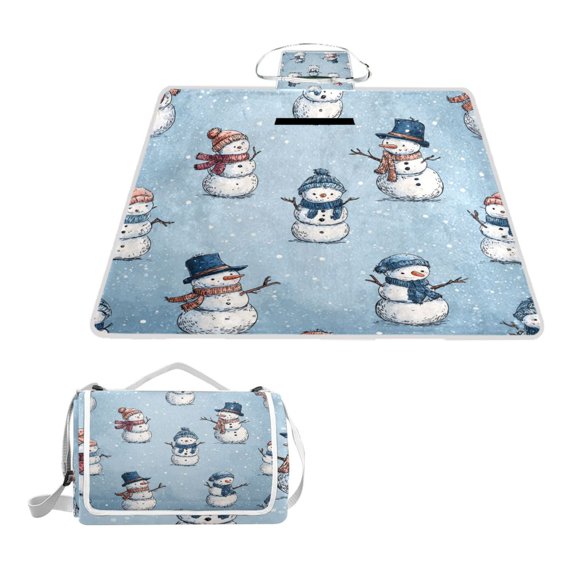 Square Picnic Mat Waterproof Non-Slip Outdoor Mat Portable Carry Handle For Camping Beach Exercise Snowman Seamless Patterns