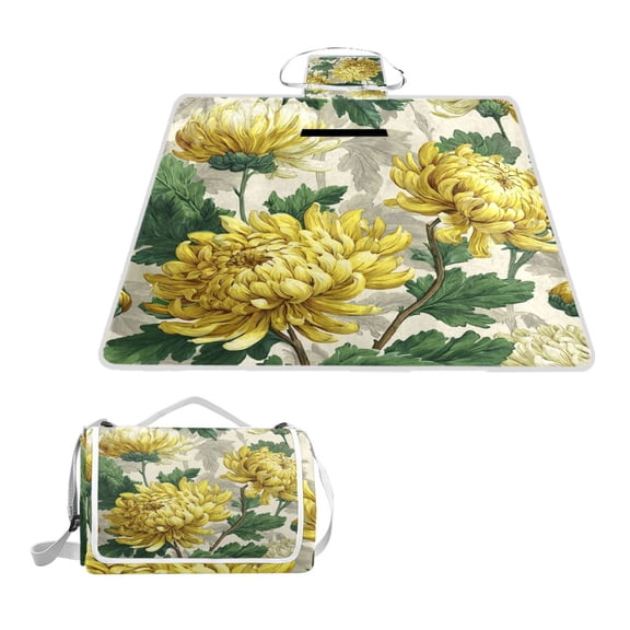 Square Picnic Mat Waterproof Non-Slip Outdoor Mat Portable Carry Handle For Camping Beach Exercise Soft Yellow Chrysanthemums