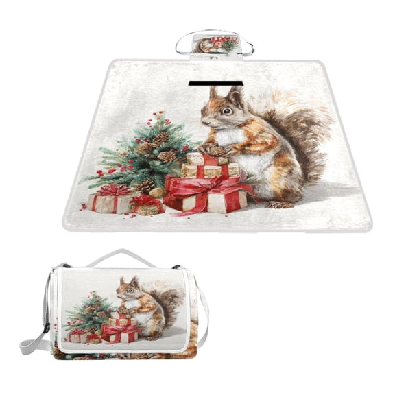 Square Picnic Mat Waterproof Non-Slip Outdoor Mat Portable Carry Handle For Camping Beach Exercise Squirrel Holds Pinecones