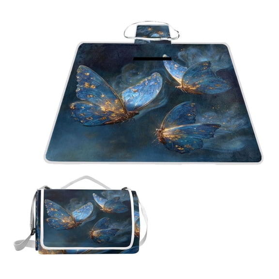 Square Picnic Mat Waterproof Non-Slip Outdoor Mat Portable Carry Handle For Camping Beach Exercise Tthree Blue Butterflies