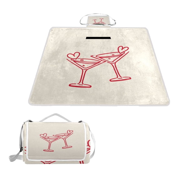 Square Picnic Mat Waterproof Non-Slip Outdoor Mat Portable Carry Handle For Camping Beach Exercise Two Heart-shaped Cocktails in Red