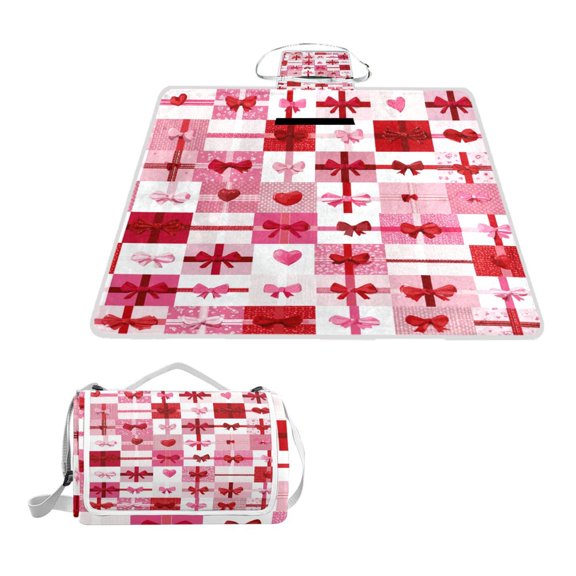 Square Picnic Mat Waterproof Non-Slip Outdoor Mat Portable Carry Handle For Camping Beach Exercise Valentine's Day Pattern