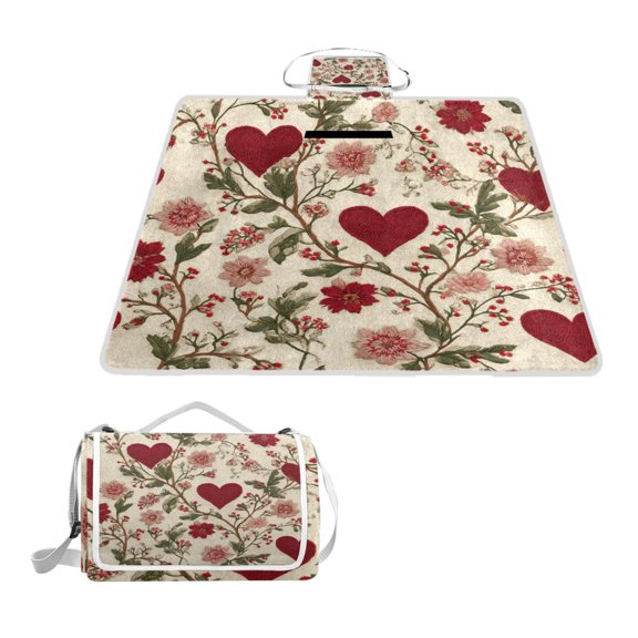 Square Picnic Mat Waterproof Non-Slip Outdoor Mat Portable Carry Handle For Camping Beach Exercise Valentine's Day Pattern