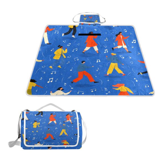 Square Picnic Mat Waterproof Non-Slip Outdoor Mat Portable Carry Handle For Camping Beach Exercise Various People Dancing To Different Musical Notes