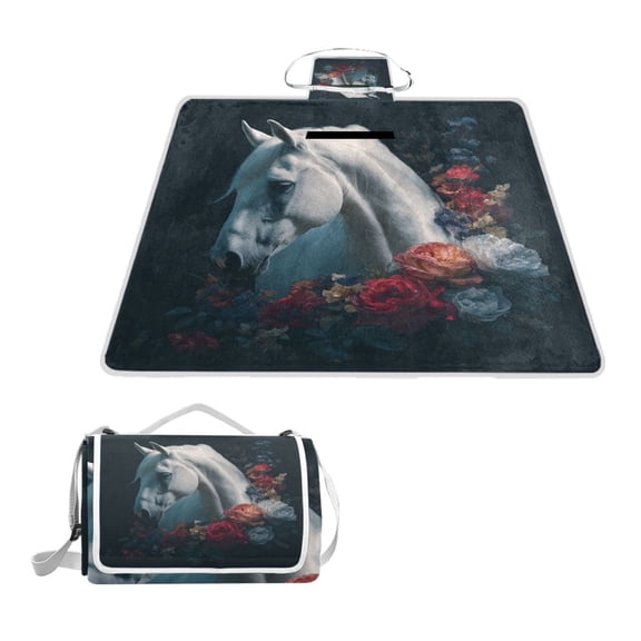 Square Picnic Mat Waterproof Non-Slip Outdoor Mat Portable Carry Handle For Camping Beach Exercise White Horse
