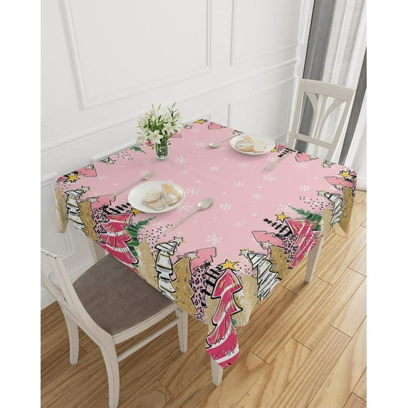 Square Pink Christmas Tree Tablecloth Stainproof Tablecloths,Wipeable Table Cloth Wrinkle-Free for Round/Rectangle/Oval/Square/Party/Wedding,Snowflake Forest Plaid Leopard Print Dot 60x60