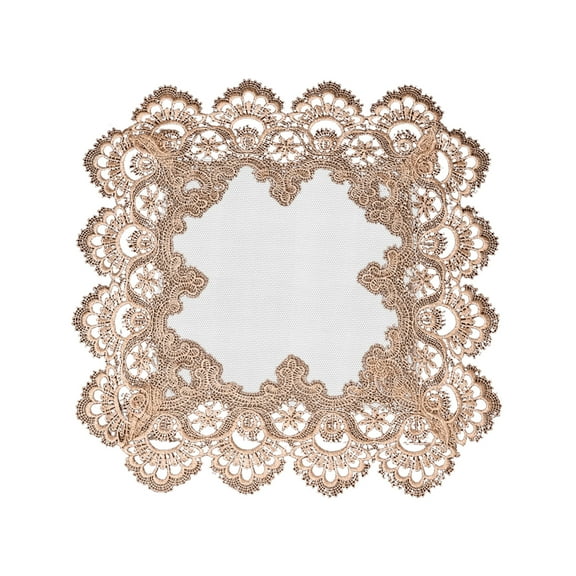 Square Place Mat or Doily in Gold European Lace and Antique White Material, Gold European Lace and Antique Jacquard Fabric Doily, Placemat (15.7 inch Square)