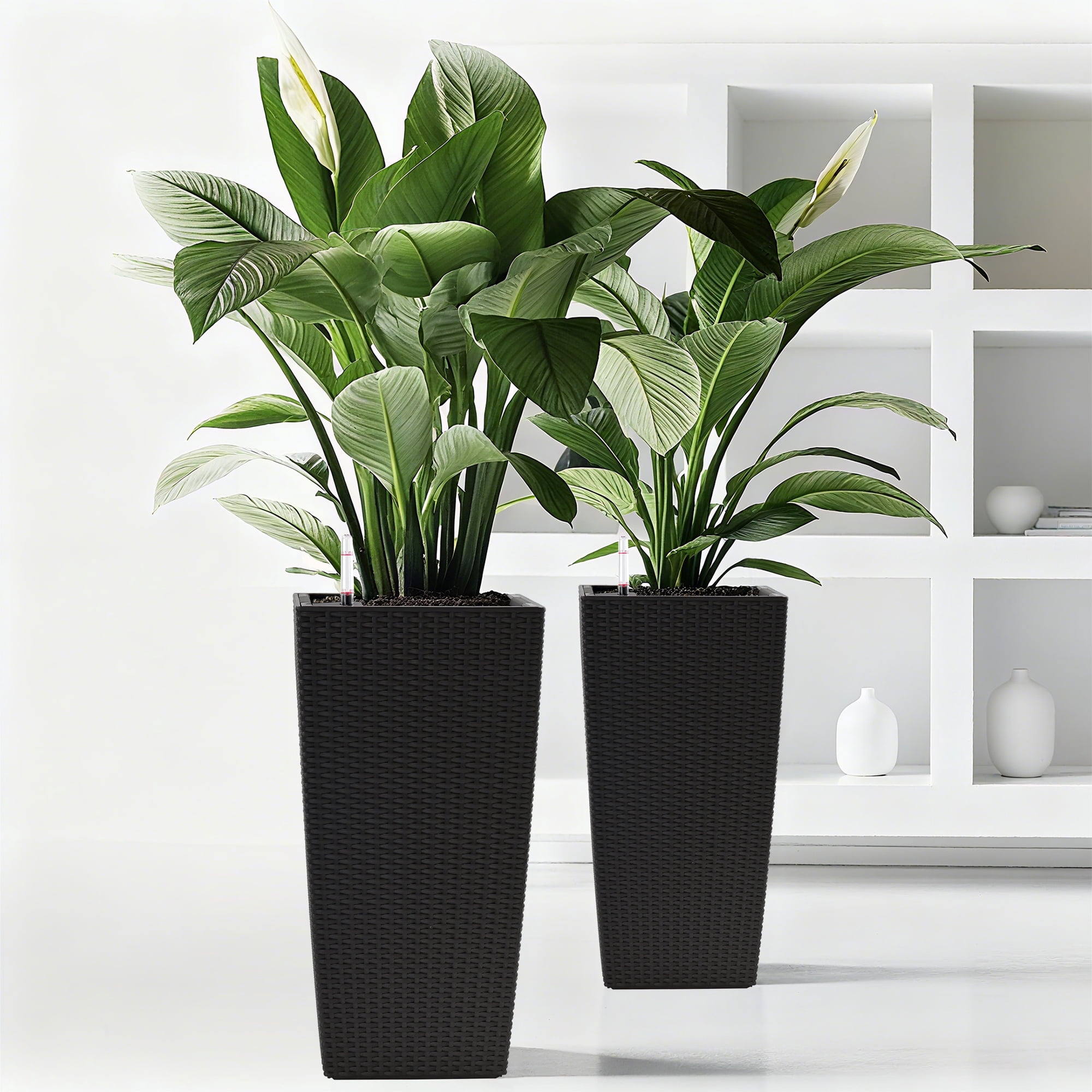 Square Planter for Indoor or Outdoor Use, 22-Inch High Faux Rattan Design Flower Pot with Automatic Watering System for Porch, Patio, Backyard, Makes Keeping Flowers Easier (Pack of 2, Black)