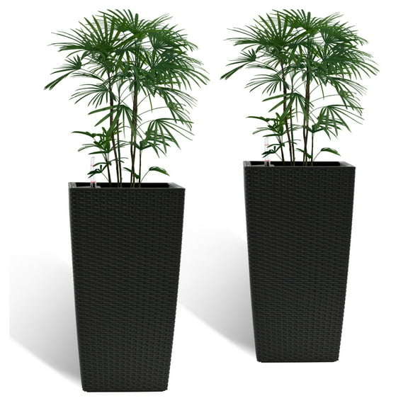 Square Planter for Indoor or Outdoor Use, 22-Inch High Faux Rattan Design Flower Pot with Automatic Watering System for Porch, Patio, Backyard