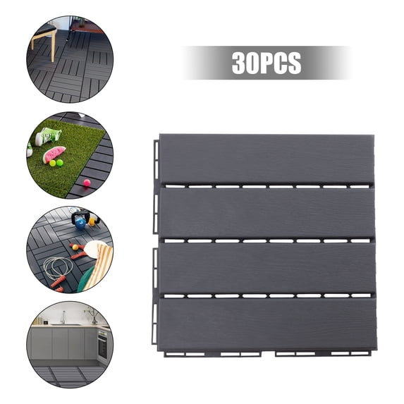 Square Plastic Interlocking Deck Tiles 30-Pack Patio Tiles 12"x 12" Dark Gray