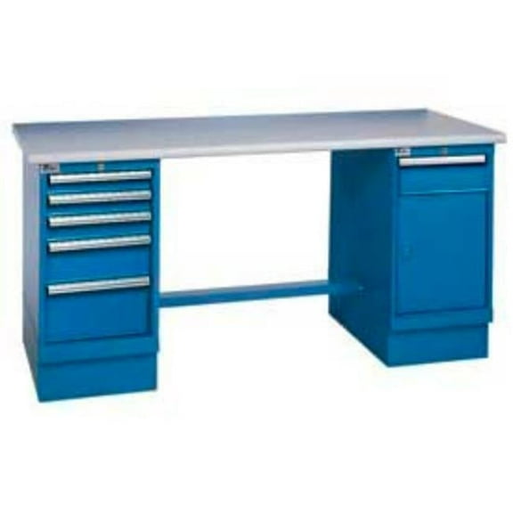 Square Plastic Pedestal Workbench with 5 Drawers & Cabinet - 60 x 30 in.