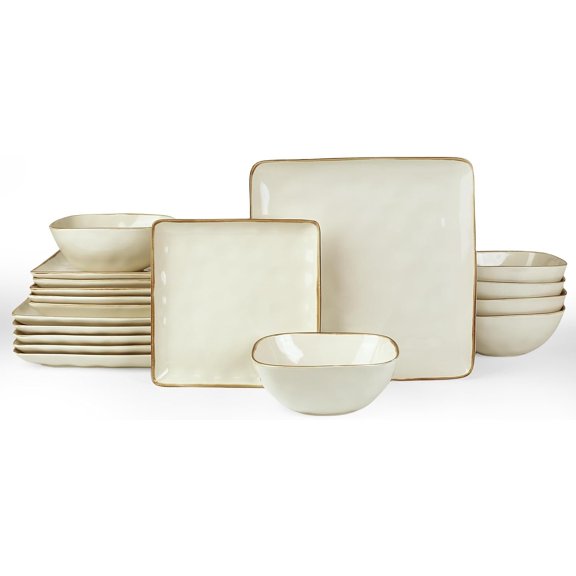 Square Plates and Bowls Set, 18 count Dinnerware Sets, Dishes Set for 6, Microwave and Dishwasher Safe, Scratch Resistant, Vanilla White