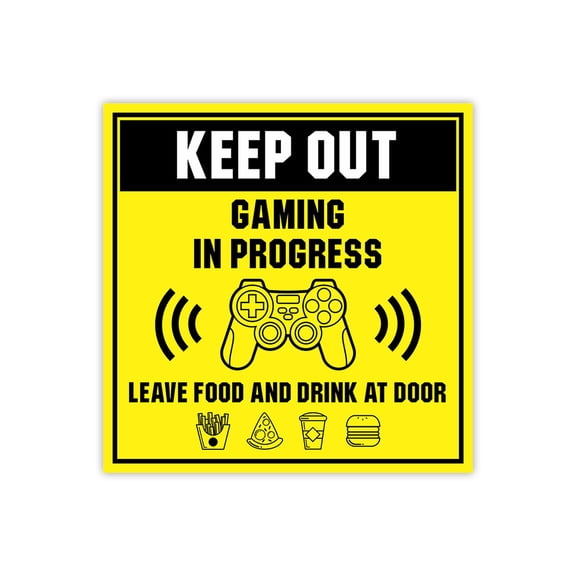 Square Plus Keep Out Gaming In Progress Leave Food And Drink At Door Wall or Door Sign | Easy Installation | Gaming Room Signage -Small