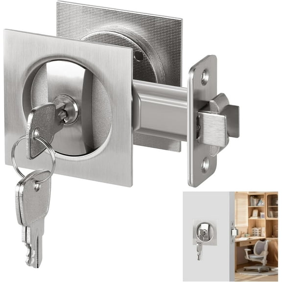 Square Pocket Door Lock, Satin Nickel Pocket Door Hardware, Sliding Pocket Door Lock with Key, Flush Pocket Door Latch for Bed/Bath