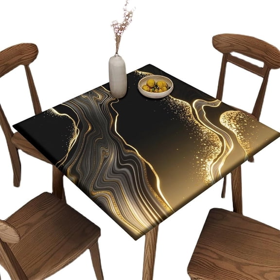 Square Polyester Fitted Tablecloth with Elastic Edge, Black and Gold Marble Stretch Washable Table Cloth, for Indoor Outdoor Garden Picnic Party, 36" x 36"(Square)