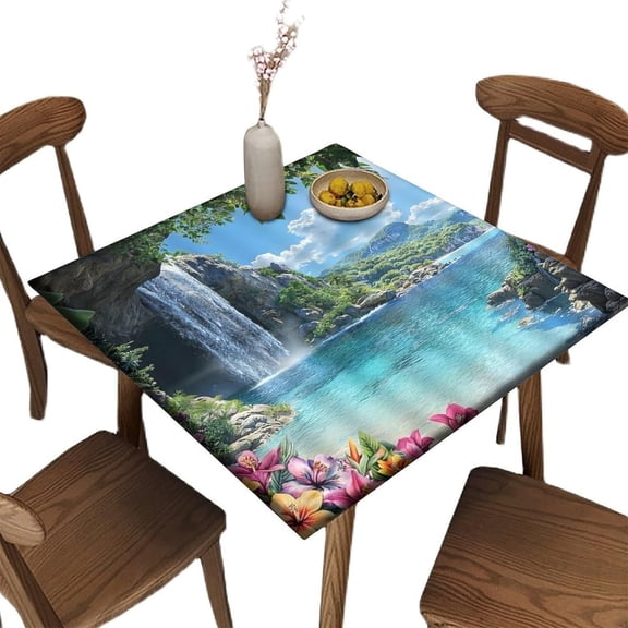 Square Polyester Fitted Tablecloth with Elastic Edge, Blue Sea Leaves Flora Stretch Washable Home Decor Table Cloths, for Indoor Outdoor Garden Picnic Party, 36" x 36"(Square)