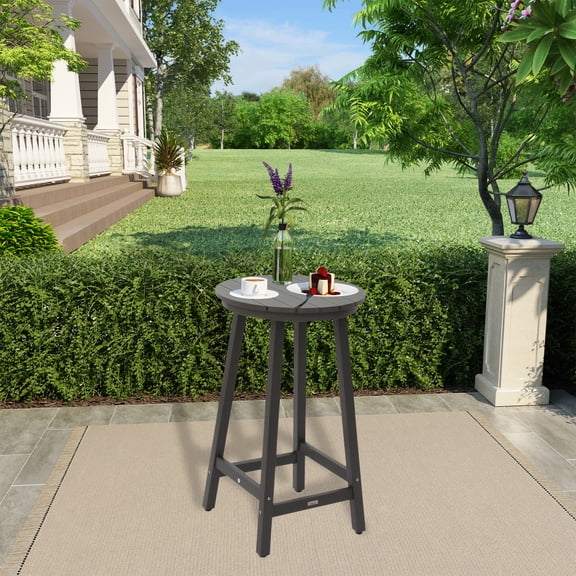 Square Polypropylene Outdoor Bar Height Table, Gray Wood-Look HIPS Patio High Top Table with Footrest for Deck & Poolside