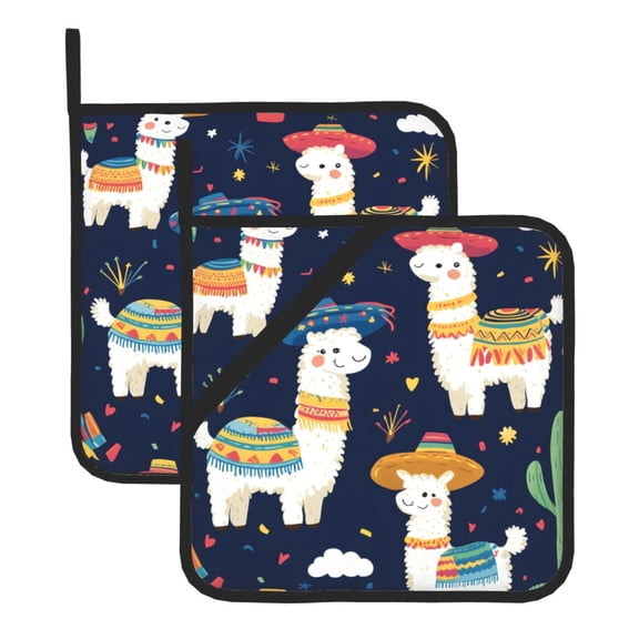 Square Pot Holders Sets 2 Pack, 8x8in Waterproof Heat Resistant Trivet Mats With Hanging Loop For Hot Dishes, Oven, Microwave, Bbq Alpaca Tropical Cactus Pattern