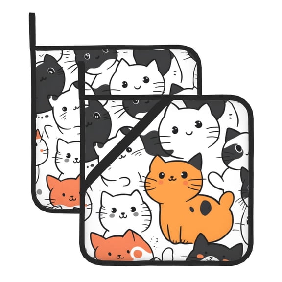 Square Pot Holders Sets 2 Pack, 8x8in Waterproof Heat Resistant Trivet Mats With Hanging Loop For Hot Dishes, Oven, Microwave, Bbq Cute Cartoon Cats Pattern