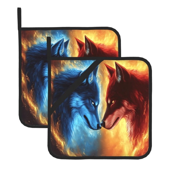 Square Pot Holders Sets 2 Pack, 8x8in Waterproof Heat Resistant Trivet Mats With Hanging Loop For Hot Dishes, Oven, Microwave, Bbq Fire Two Wolves Wolf