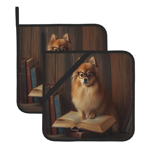 Square Pot Holders Sets 2 Pack, 8x8in Waterproof Heat Resistant Trivet Mats With Hanging Loop For Hot Dishes, Oven, Microwave, Bbq Funny Reading Book Dog