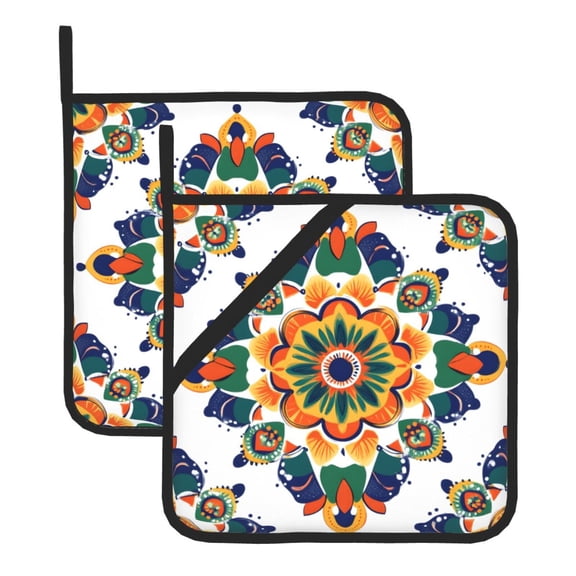 Square Pot Holders Sets 2 Pack, 8x8in Waterproof Heat Resistant Trivet Mats With Hanging Loop For Hot Dishes, Oven, Microwave, Bbq Geometric Mandala Pattern