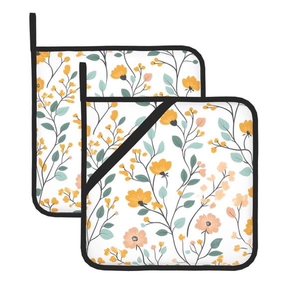 Square Pot Holders Sets 2 Pack, 8x8in Waterproof Heat Resistant Trivet Mats With Hanging Loop For Hot Dishes, Oven, Microwave, Bbq Spring Flower Leaves Pattern